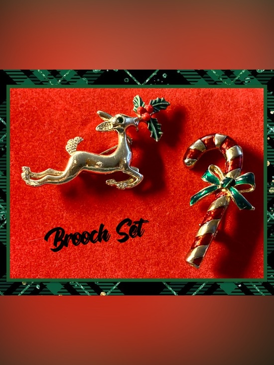 Jewelry - Vintage Reindeer and Candy Cane Broches